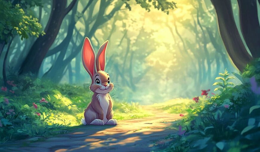 A cartoon rabbit sits on a sunlit forest path surrounded by trees and flowers.