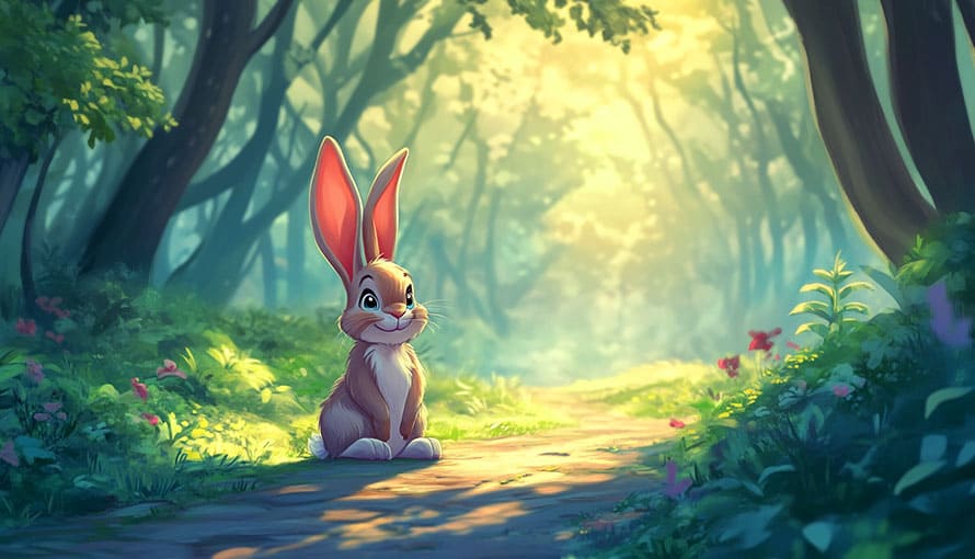 A cartoon rabbit sits on a sunlit forest path surrounded by trees and flowers.