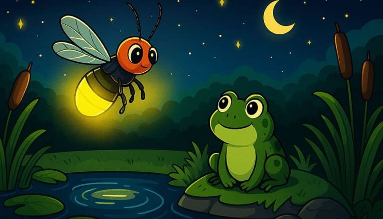 A firefly glows near a frog by a pond at night under a crescent moon and stars.
