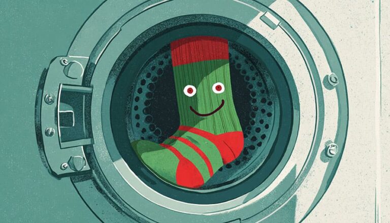 A single green and red striped sock with a smiley face inside a washing machine.