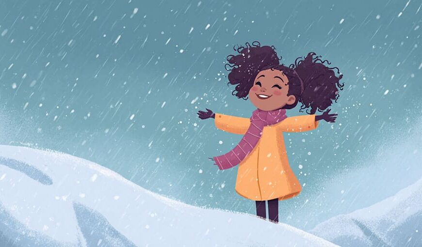 Illustration of a smiling girl in a coat and scarf standing in falling snow with arms outstretched.
