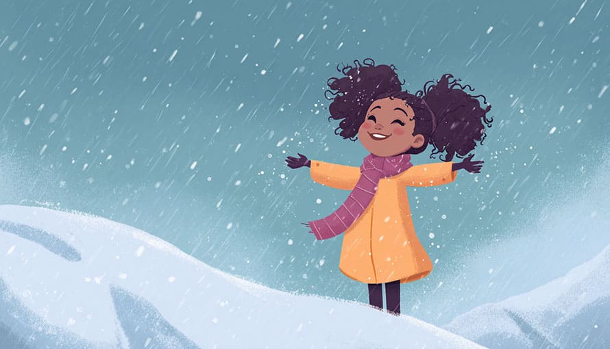 Illustration of a smiling girl in a coat and scarf standing in falling snow with arms outstretched.