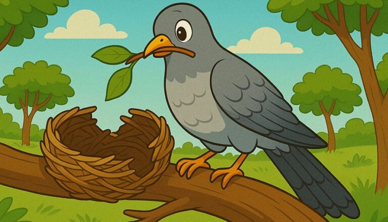 Cartoon bird holding a twig sits next to a nest on a tree branch in a green forest.