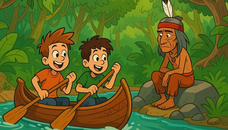 Two boys in a canoe paddle past a seated Native American man in a forested area.