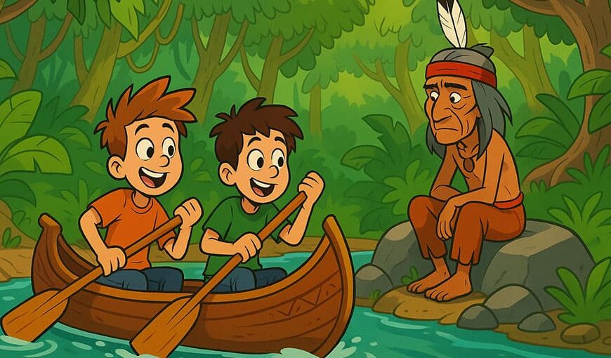 Two boys in a canoe paddle past a seated Native American man in a forested area.