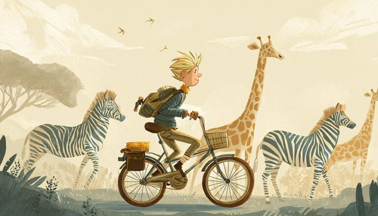 A boy rides a bicycle past zebras and giraffes in a savanna landscape.