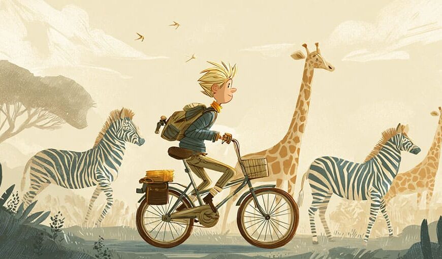 A boy rides a bicycle past zebras and giraffes in a savanna landscape.