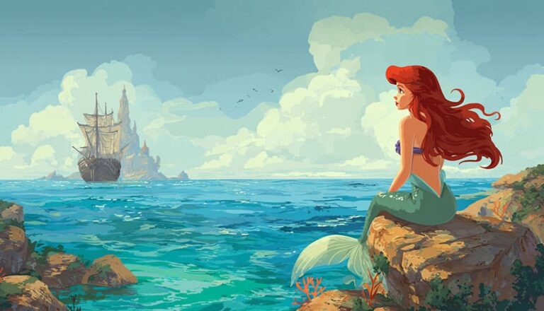 A little mermaid with red hair sits on a rock, gazing at a ship on the ocean near a distant castle.