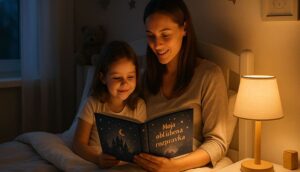 Woman and child sitting on a bed, reading a bedtime storybook together by a lamp.
