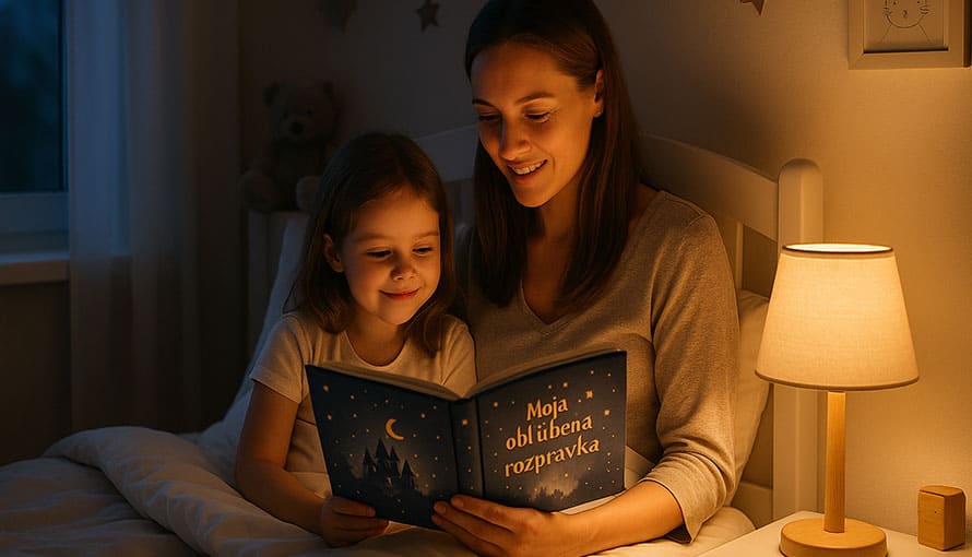 Woman and child sitting on a bed, reading a bedtime storybook together by a lamp.