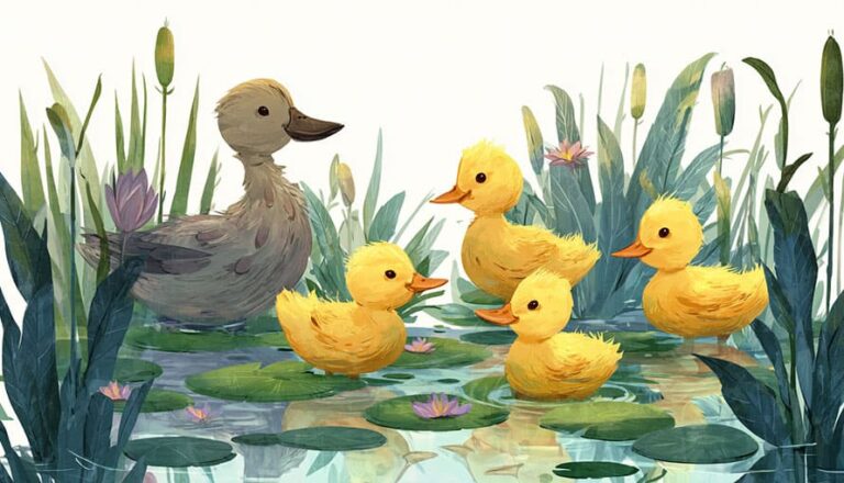 Illustration of a duck with four ducklings swimming among lily pads and reeds in a pond.