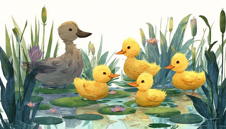 Illustration of a duck with four ducklings swimming among lily pads and reeds in a pond.