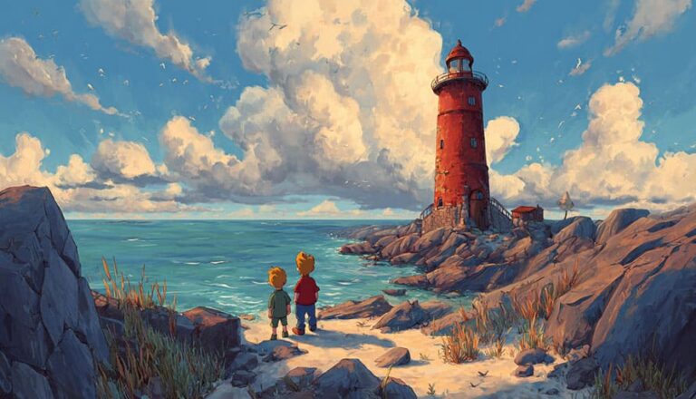 Two children stand on a rocky shore facing a red lighthouse by the sea under a cloudy sky.