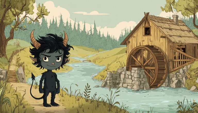 Cartoon devil with horns stands by a wooden watermill beside a stream in a rural landscape.