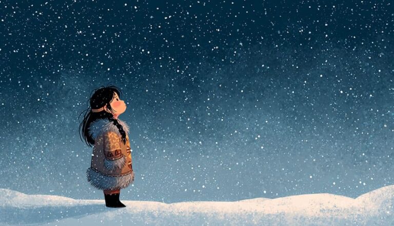 A child in a fur-trimmed coat stands on snow, looking up at falling snowflakes at night.