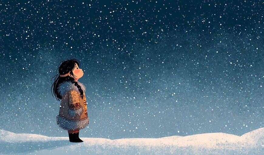 A child in a fur-trimmed coat stands on snow, looking up at falling snowflakes at night.