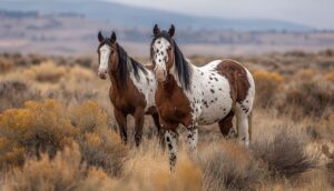 Two horses with spotted coats stand in a dry, grassy field with hills in the background.