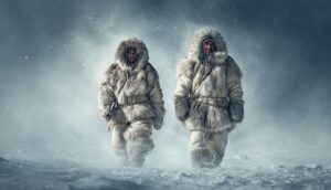 Two people in fur-lined parkas walk through a snowy, icy, and windy landscape.