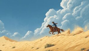 A person on horseback rides across sandy dunes under a blue sky with large clouds.
