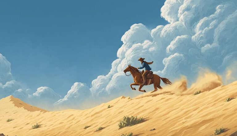 A person on horseback rides across sandy dunes under a blue sky with large clouds.