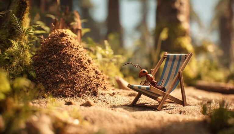 An ant relaxes on a striped deck chair near a dirt mound in a forest setting.