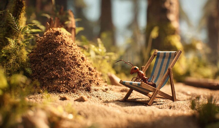An ant relaxes on a striped deck chair near a dirt mound in a forest setting.