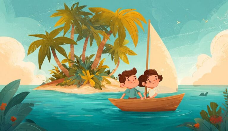 Two children in a small boat approach a tropical island with palm trees and clear blue water.