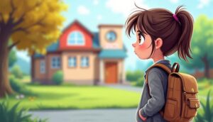 Illustration of a young girl with a backpack standing outside a school building.
