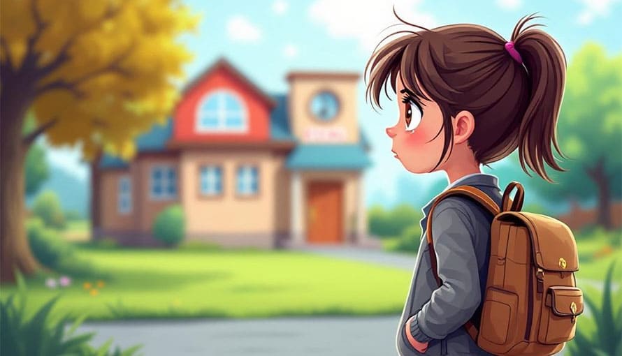 Illustration of a young girl with a backpack standing outside a school building.