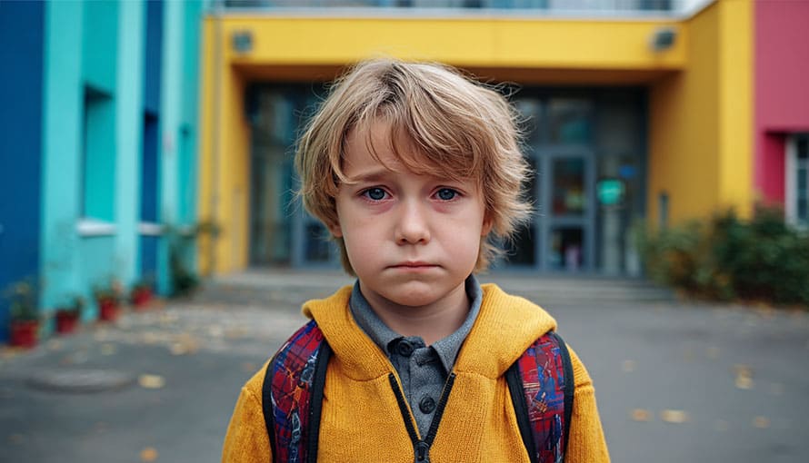 A young boy with a backpack stands in front of a colorful school building, looking serious.