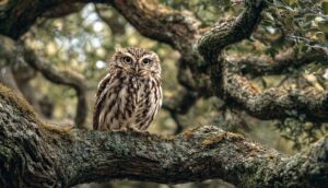 Owl perched on a tree branch surrounded by twisting, mossy branches.