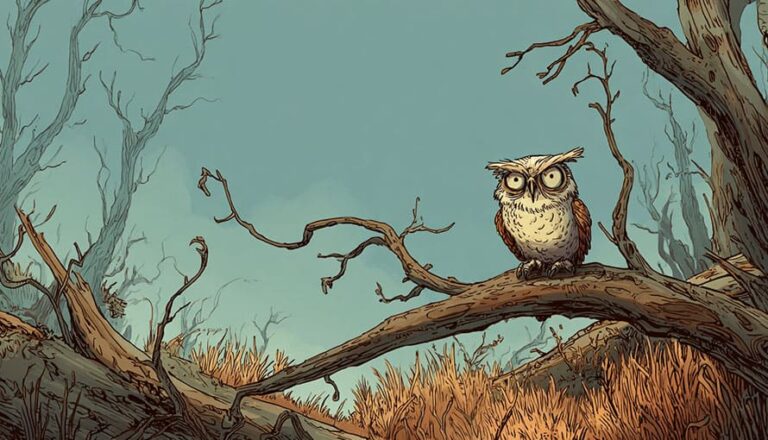 An owl sits on a branch in a leafless, autumn forest.