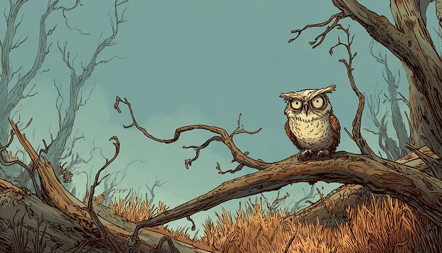An owl sits on a branch in a leafless, autumn forest.