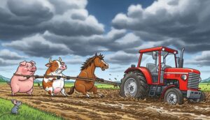 A pig, cow, and horse pull a red tractor through muddy fields under a cloudy sky.
