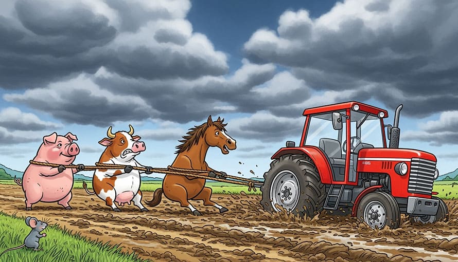 A pig, cow, and horse pull a red tractor through muddy fields under a cloudy sky.