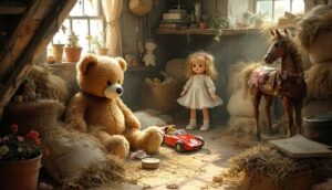 Large teddy bear, doll, toy car, and rocking horse in a rustic, sunlit attic room.