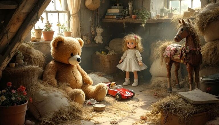 Large teddy bear, doll, toy car, and rocking horse in a rustic, sunlit attic room.